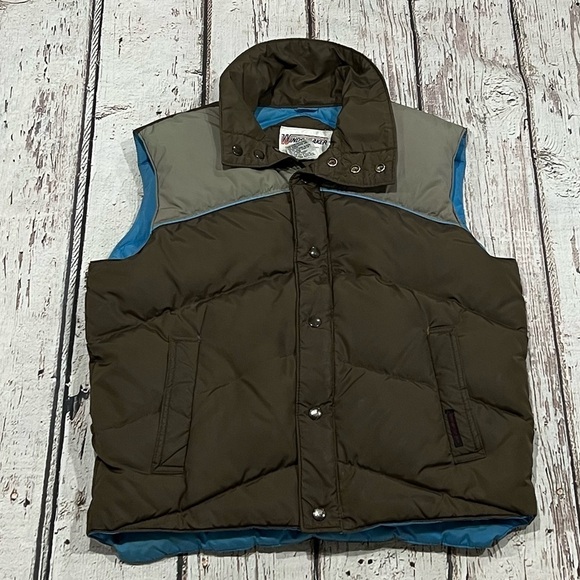 Vintage 1980s Brown Button Up Goose Down 80s Vest Puffer Outwear Jacket - Picture 1 of 8